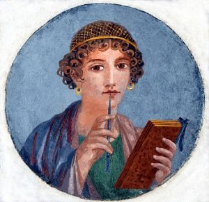 Fresco showing a woman so-called Sappho, holding writing implements, from Pompeii, Naples